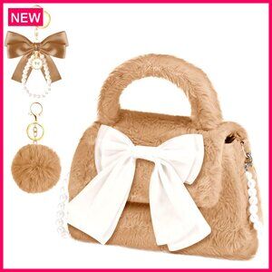 Furry Crossbody Bag with Bow Charm, Detachable Strap, Magnetic Clasp, 9x6 Inches